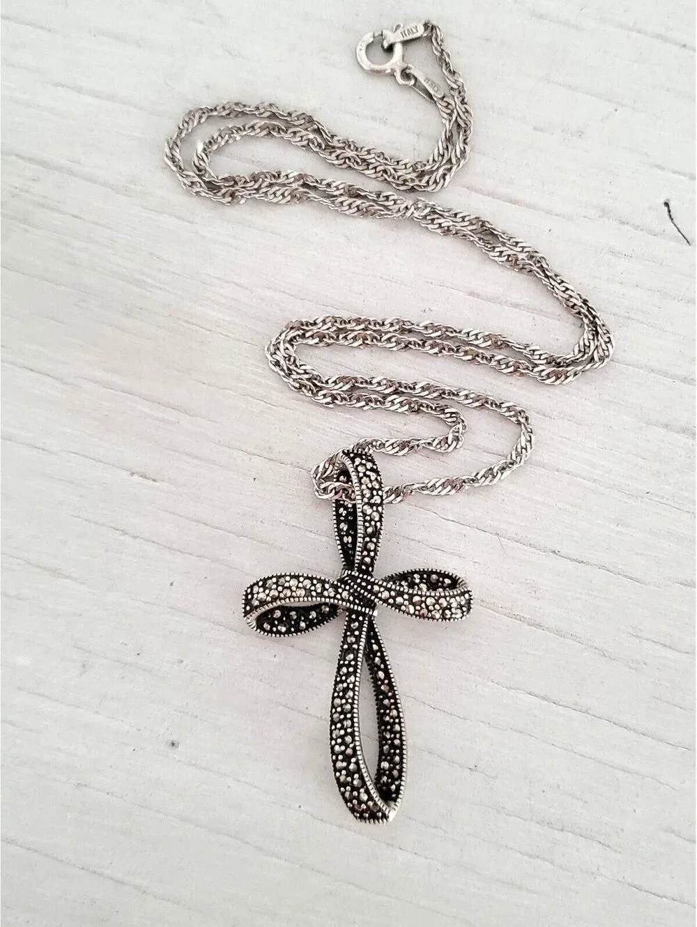 Vintage Sterling Silver Ribbon Marcasite Cross Necklace